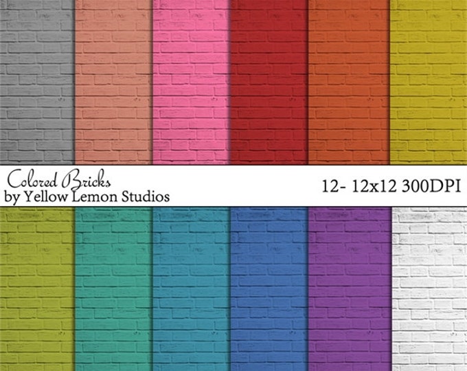 Brick Backgrounds "COLORED BRICKS" grey, peach, pink, red, orange, yellow, blue, teal, aqua, purple, white, brick texture, bricks, building
