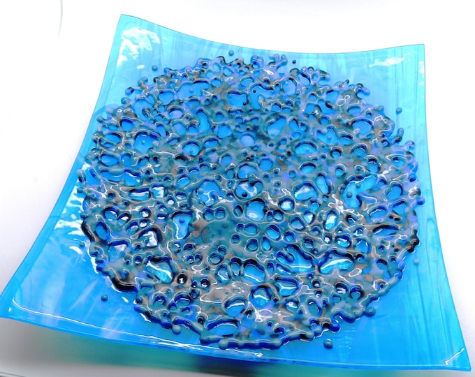 Square blue glass platter. Fused glass dish. Serving/ornamental plate. Decorative interior design. Wedding, anniversary, house warming gifts