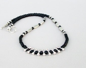 Mens Black Turquoise Necklace, Silver Necklace, Mens Beaded Jewelry, Mens Beaded Necklace, Natural Stone Necklace