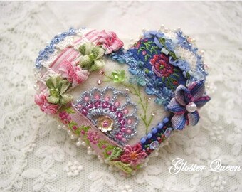 Crazy quilt heart pin with lovely vintage trims,  rich colors and sweet little butterfly