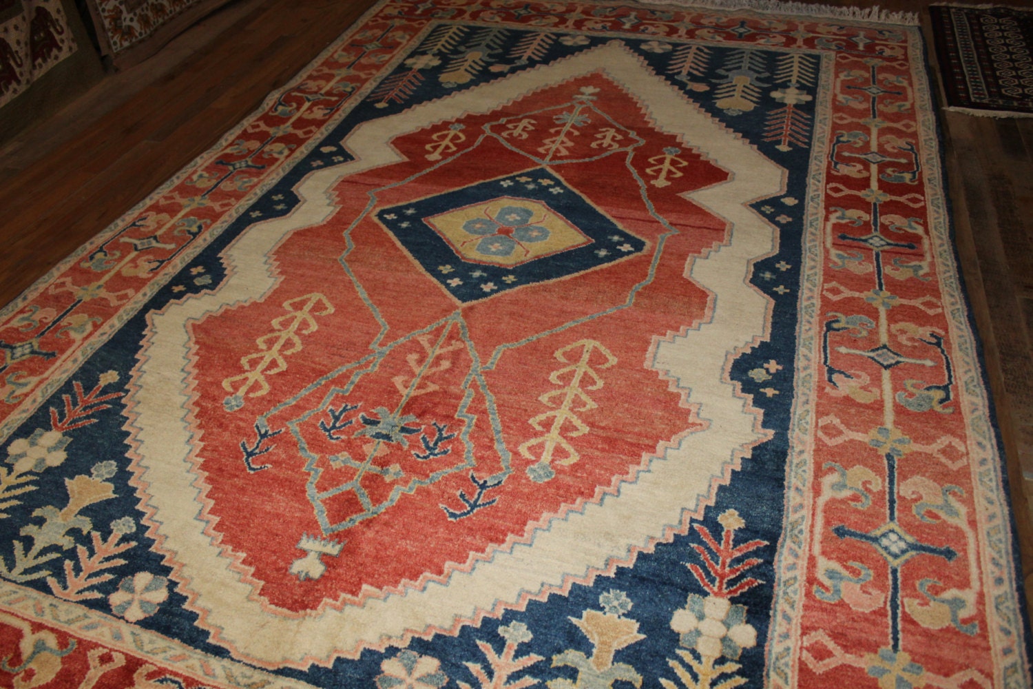 Turkish Rug 6x9 Rug Hand Knotted Orange & Blue Rug. Fabulous