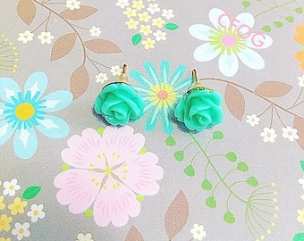 Mint Green Rose Stud Earrings Flower Post Earrings Cabochon Earrings Gift For Women Gift For Girls
