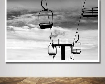 Photograph - Silhouette Skiing Ski Lift Chairs Colorado Black & White Man Cave Decor Fine Art Photography Print Wall Art Home Decor