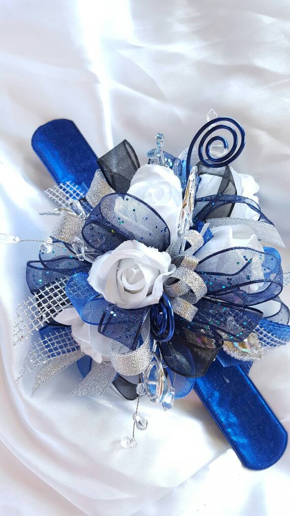 Royal blue and silver prom corsage set wrist corsage set made