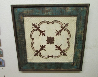 Rustic Primitive Framed Antique Scroll Tin-Wood-Antique-31x31-Turquoise & Brown-Free Shipping