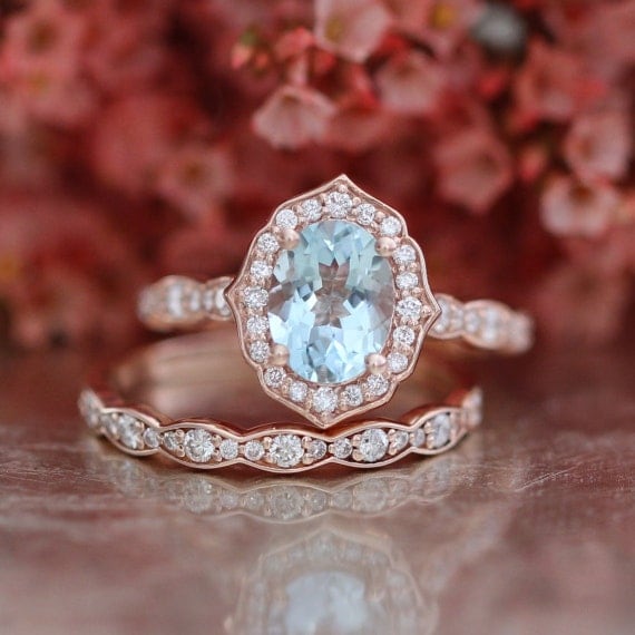 Bridal Set Vintage Floral Oval Aquamarine Engagement Ring and