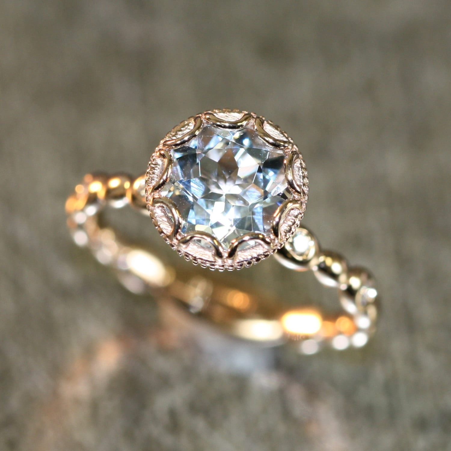 14k Rose Gold Floral Aquamarine Engagement Ring in Pebble