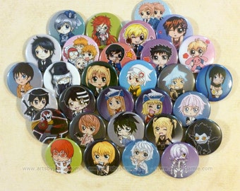 Mix and Match Anime Buttons, Death Note, Black Butler, Soul Eater, Ouran High, Panty and Stocking, Steven Universe, Rin, Squid