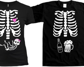 Matching Halloween Couples Costume Pregnant Skeleton Shirt Maternity Skeleton T Shirt Halloween Pregnancy Announcement Mens Ladies TM-34-36