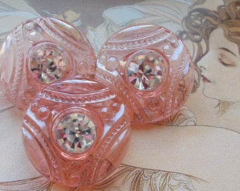 3 Vintage czech glass Rhinestone button | Iridescent luster | Pink depression glass | sparkly clear rhinestone | NOS