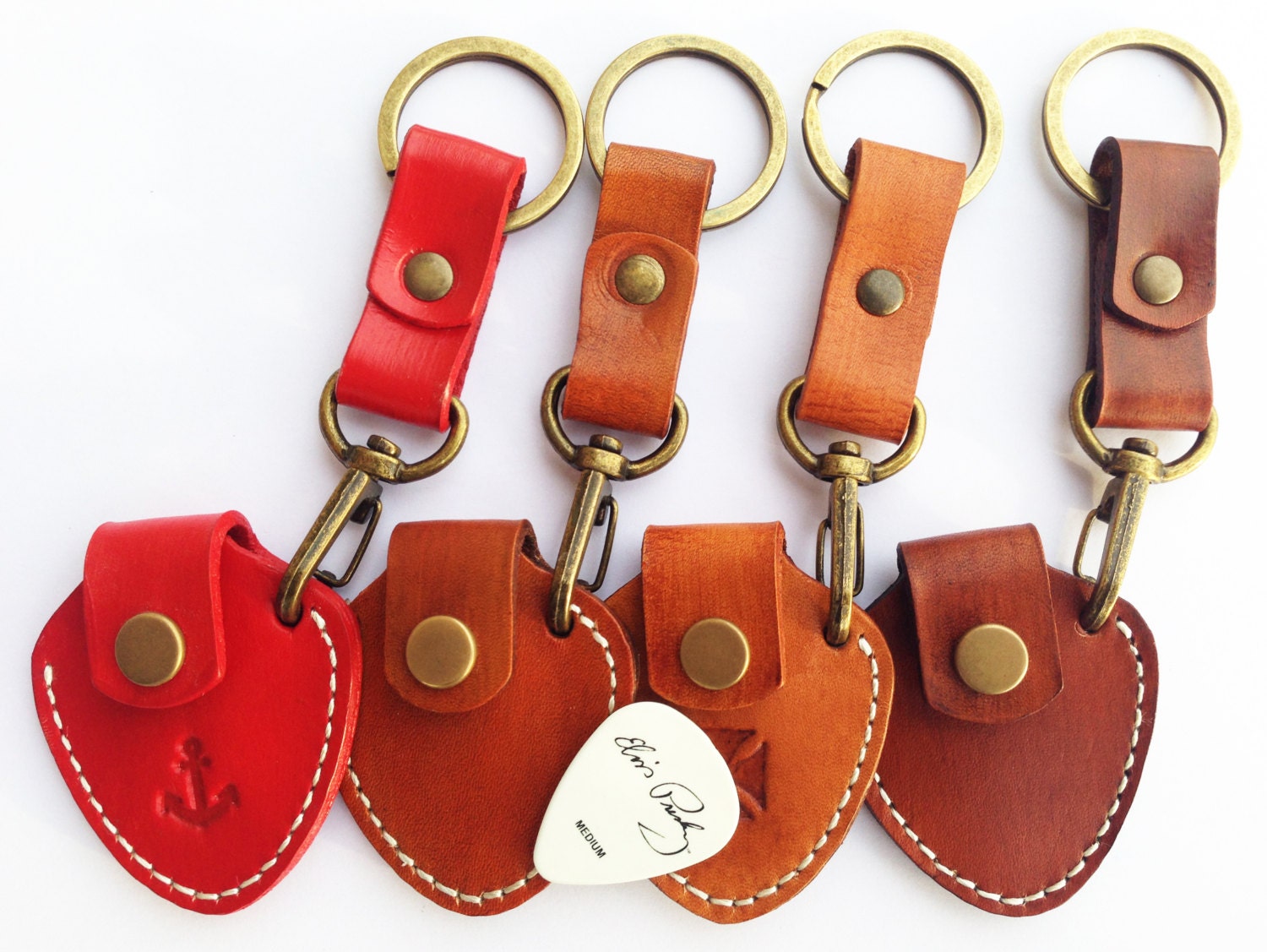 Personalized leather guitar pick holder Red Keychain guitar