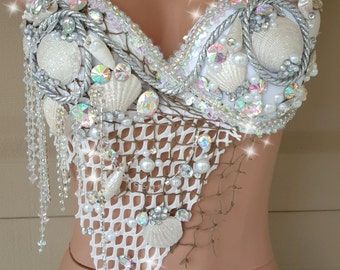 White Mermaid Top, White Mermaid, Mermaid Rave Bra, Mermaid, White Mermaid Bra, Sexy Rave Bra, Sexy Top, Mermaid Top, Custom Bra