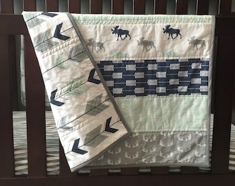 Woodland baby quilt, baby boy, nursery, moose and antlers, arrows, navy, mint, gray
