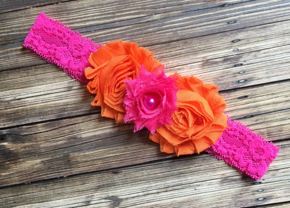 Orange & Hot Pink Shabby Flower Lace Headband Baby Headband