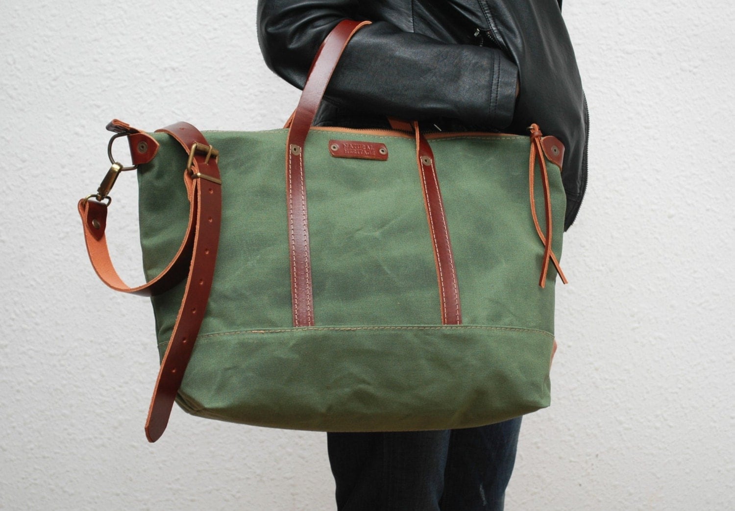 waxed canvas bag with leather handles and closuresarmy color