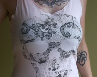CLOSEOUT - Sugar Skull Tank Top/Shredded Top/Shredded Tank/Upcycled Tshirt/Skull Shirt Day Of The Dead/Upcycled Clothing