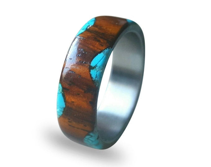 Titanium Ring with Cocobolo Wood and Turquoise Inlays