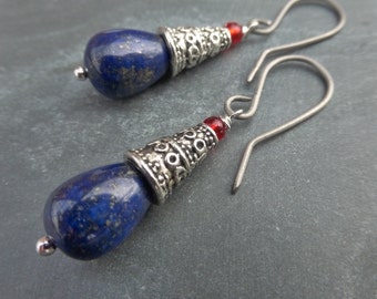 Bali Style Lapis Lazuli Tribal Silver Earrings With Hypoallergenic Titanium Ear Wires - Blue - Red - Boho - Gypsy - Festival -