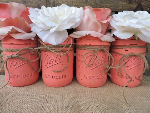 Coral Mason Jar Coral Wedding Centerpiece Coral Jars