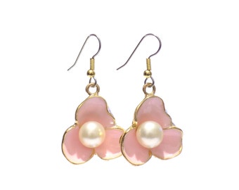 Flower earrings, Pink flower earrings, pink earrings, pink enamel flower earrings, bridal earrings, dangle earrings