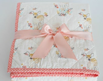 Baby Quilts Handmade~ Forest Nursery Quilt~ Coral Baby Deer Blanket~ Coral Baby Quilt~ Fawn Nursery~Homemade Quilts~Enchanted Forest Bedding