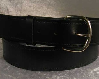 Black leather belt with 1.25" nickel buckle Made to Order