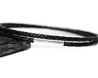 Mens/Ladies 3mm Braided Leather Bracelet-Double Wrap With Sterling Silver Clasp-Black