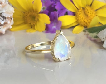 20% off-SALE! Rainbow Moonstone Ring - Genuine Gemstone - Teardrop Ring - Stacking Ring - June Ring - Simple Jewery - Prong Ring - Gold Ring