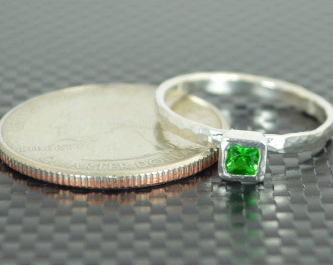 Square Emerald Ring, Emerald Solitaire, Emerald Silver Ring, May Birthstone, Square Stone Mothers Ring, Silver Band, Square Stone Ring