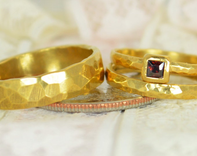 Square Garnet Engagement Ring, Gold Filled, Garnet Wedding Ring Set, Rustic Wedding Ring Set, January Birthstone, Gold Filled, Garnet Ring