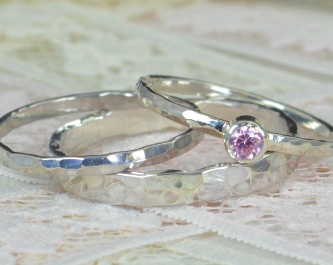 Pink Tourmaline Engagement Ring, Sterling Silver, Wedding Ring Set, Rustic Wedding Ring Set, October Birthstone, Sterling Silver Ring