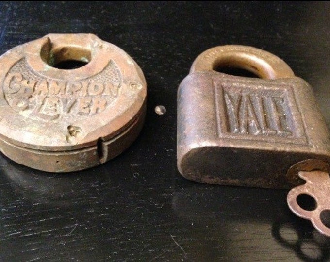 Storewide 25% Off SALE Very Old Antique Pair of YALE & Champion 6 Lever Padlocks Featuring all Original Detail Work and Skeleton Key