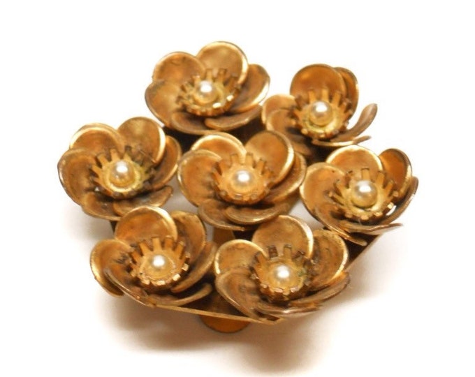 Storewide 25% Off SALE Antique Matted Gold Tone Faux Pearl Designer Floral Fur Clip Featuring Elegant 1930's Design
