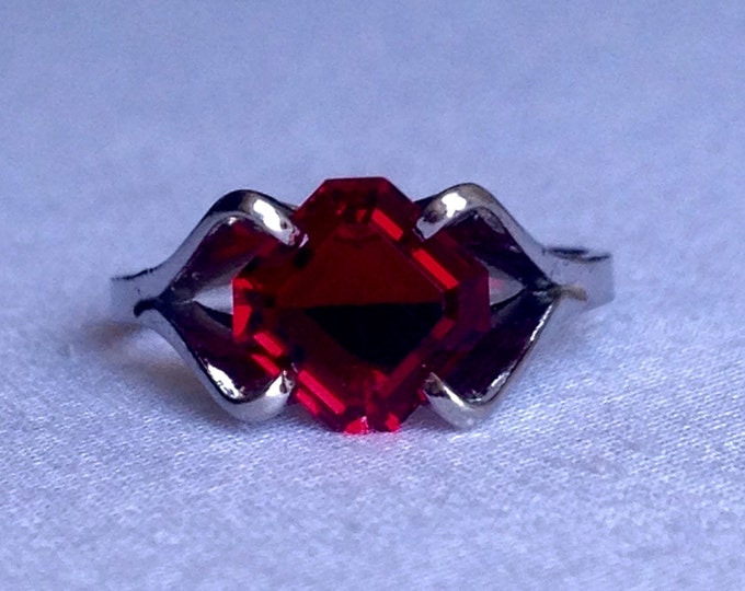 Storewide 25% Off SALE Vintage Sterling Silver Ruby Red Faceted Solitaire Cocktail Ring Featuring Elegant Prong Set Design