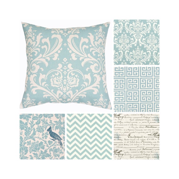 Mineral Blue Pillow Covers.Damask Throw Pillows.Greek Key Toss