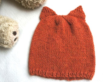 100% alpaca knitted fox hat, orange knit hat whith ears, fox ears alpaca hat