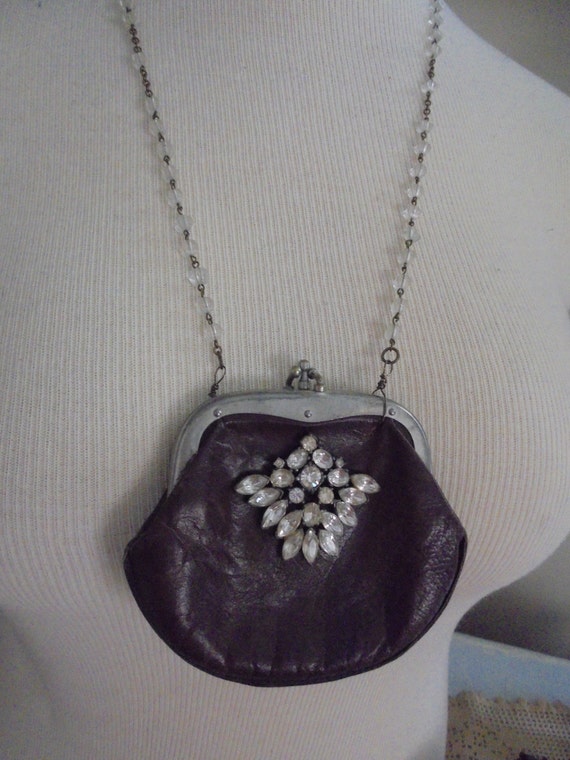 Repurposed coin purse necklace with rhinestone brooch