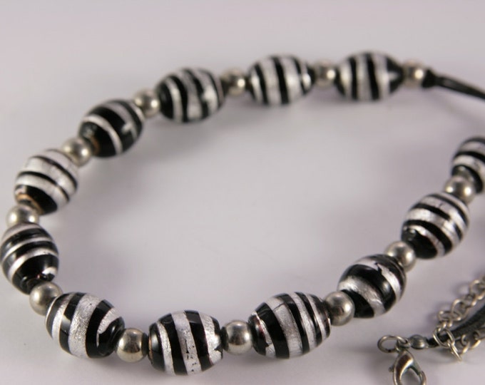 Black Silver Bib Necklace Striped Beaded Choker Modern Office Jewelry