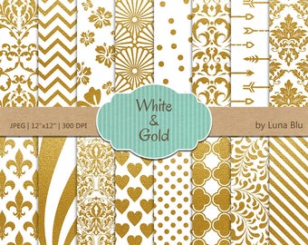 White and Gold Digital Paper: "White and Gold Foil Patterns" White digital paper, White and gold scrapbook paper, gold digital paper