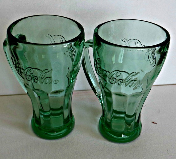 Vintage Tall Coke Glasses Green Pair