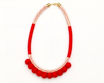 Red Pom Pom Rope Necklace, Fiber Art Necklace, Rope Jewelry, Textile Statement Necklace, Pom Pom Jewelry, Fabric Jewelry, Fiber Jewelry