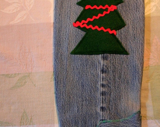 HALF PRICE ** Denim and Lace Christmas Stocking with Christmas Tree Motif. Shabby Chic Stocking. Upcycled Blue Jean Stocking Gift Bag