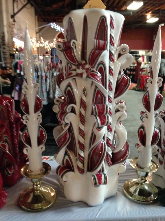 Hand Carved Ribbon Candle Refillable Red Green and White