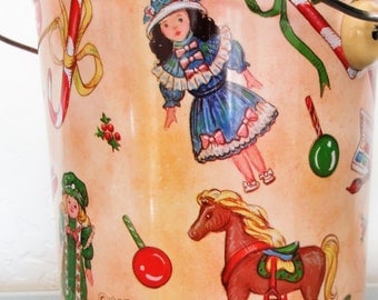 Vintage 1985 Marjorie Sarnat Christmas Pail Tin/ Rocking Horse/Dolls/ Candy Canes/Paint Set
