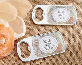 Personalized Silver Bottle Opener with Epoxy Dome Travel and Adventure Wine Openers Wedding Favors World Map Destination Keepsake