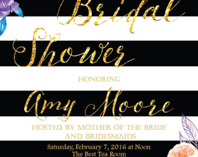 Bridal shower invitation. Striped Shower Invitation, Black striped Invite, Bridal Shower invite. DIY Bridal Shower. Floral Bridal