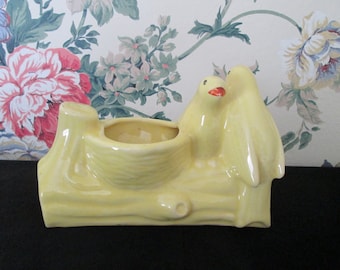 Vintage Lovebirds Yellow Art Pottery Planter Log Nest Pencil Holder Desk Accessory