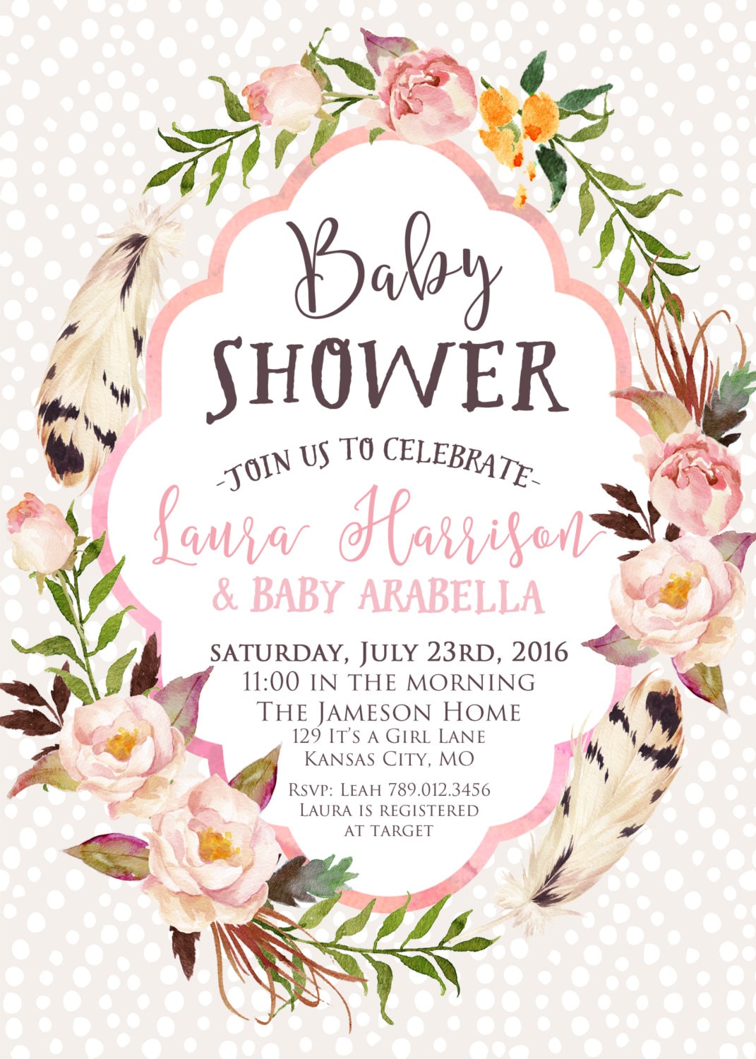 Girl Baby Shower Invitation Printable Boho Chic Feathers