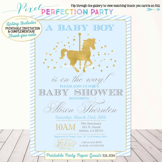 Boys Carousel Baby Shower Invitation Blue and Gold Carousel