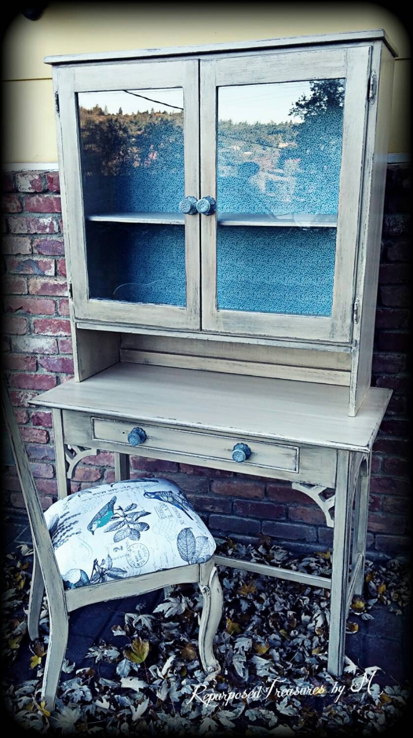 desk, hutch and chair, pale creamy yellow desk and chair, distressed